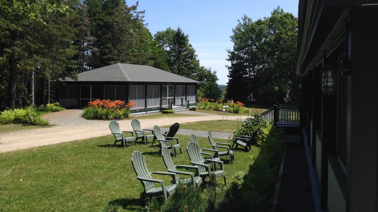 Chairs on the lawn outside buildings